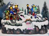Village de Noël féerique personnalisé avec maison sculptée, lumières LED animées, rivière à fibres optiques, bonhomme de neige en mouvement, fonction musicale, en plastique