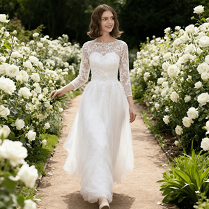 فستان زفاف عصري جديد فاخر وأنيق من الدانتيل الأبيض النقي بقصة A-Line، طول الأرضية، بلمسة طبيعية ورباط خلفي، صديق للبيئة وطويل - Product Image 6