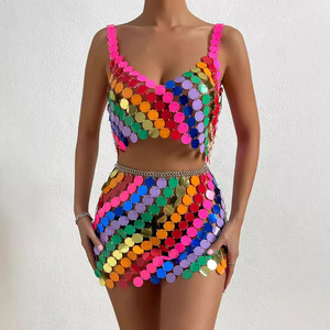 Top cami à sequins arc-en-ciel, fait main, avec des paillettes squameuses, patchwork, bretelles, jupe de soirée et haut halter <span class=keywords><strong>pour</strong></span> boîte de nuit - Product Image 1