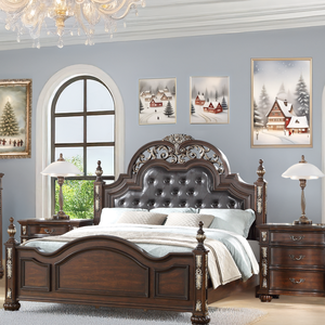 Ensemble de meubles de chambre à coucher marron - Lit capitonné sculpté orné, commode avec miroir et table de chevet - Product Image 1