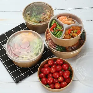 Custom Kraft Paper Soup Cup Bowl With Lid Disposable Take Away Dessert Rice Salad Noodle Packing Box Container On Sale