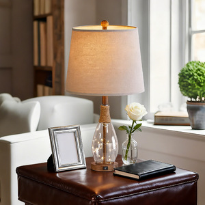 Lámpara de mesa moderna de cristal con pantalla de lino beige, bombilla LED E27, control de interruptor para decoración de dormitorio y sala de estar. - Product Image 2