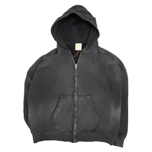 Tùy Chỉnh Chất Lượng Cao Mặt Trời Phạt Phạt Áo Lông Cừu Trống Zip up Cổ Điển Hai Lớp Axit Rửa Dmock Cổ istressed Túi Hoodies