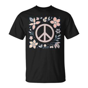 T-shirt con design floreale con simbolo della pace, nera, taglia unisex per adulti - Product Image 1