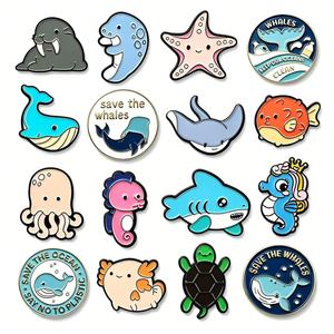 Spille in metallo all'ingrosso a tema cartoni animati, simpatiche spille smaltate con animali marini, adorabili spille a forma di delfino e medusa, distintivi souvenir con organismi marini - Product Image 1