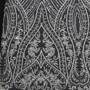 J130907ZA perles blanches nouveau tissu de dentelle perlée de style palais pour robe de mariée