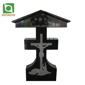 Western Style Black Granite Stone Carving Monuments Jesus Statue and Cross Tombstone