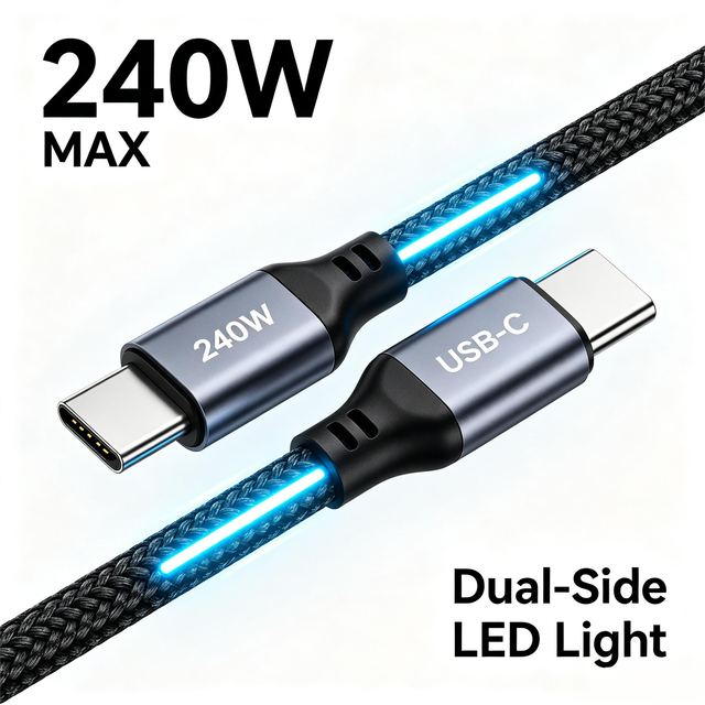 PowerCharge LED 240W USB C Cable 5A Fast Charging Dual Side LED Light Nylon Braided Cord for Phones Laptops In Stock