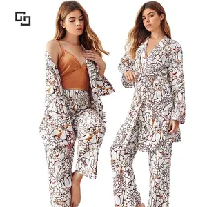 Custom 3 Piece Lounge Wear Sets Women Allover Print Belted Robe Cami Top Pants Bamboo Pajamas For Women Set