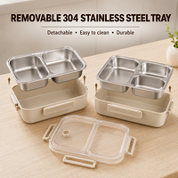 Boîte à lunch en acier inoxydable de qualité alimentaire avec couvercle transparent en PC, 2 compartiments, plateau amovible, boîte bento anti-fuite, fabrication en usine