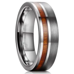 Latest New Brush Finish Pipe Cut Koa Wood Inlay Tungsten Carbide Wedding Ring Band