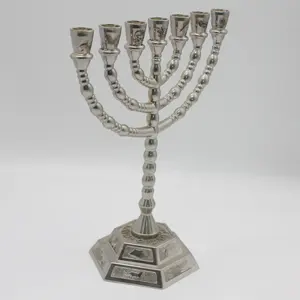 Gold Plated 12 Tribes Of Israel Emblems 7 Branch Temple Menorah