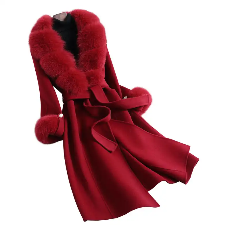 Casaco de lã caxemira, elegante, grande, de lã, cinto, vermelho, gola de pele de raposa