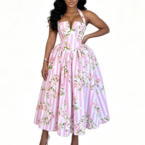 Vestido Midi Halter para Mujer con Estampado Floral a Rayas, Espalda con Cordones, Estilo Corsé, Vestido de Verano para Vacaciones, Moda Sehe - Product Image 3