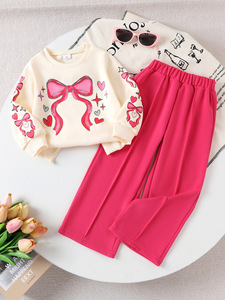 Nuovo Completo Casual Autunnale per Ragazze, Due Pezzi, Gilet a Maniche Lunghe Color Albicocca con Pantaloni Rosa - Product Image 1