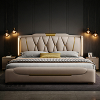 Lit en cuir gris haut de gamme italien, lit king-size moderne avec rangement luxueux, cadre de lit minimaliste en bois éclairé, ensemble de lit queen-size