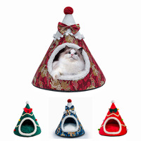 Lit pour chien et chat en tissu en forme de sapin de Noël avec chaleur hivernale, lit semi-fermé de style chinois pour animaux de compagnie