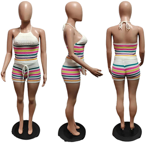 2025 nuova estate unica donna Street Wear vestito in maglia senza maniche striscia <span class=keywords><strong>Crop</strong></span> <span class=keywords><strong>Top</strong></span> e pantaloncini abbinati Set 2 pezzi - Product Image 4
