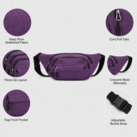 Sac banane personnalisé en tissu chiné avec trois compartiments zippés, sangle de taille réglable à boucle et plusieurs poches pour les sports de plein air