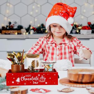 Caja de Almacenamiento Navideña de Madera para Barra de Chocolate Caliente, Rectangular, con Impresión en Rojo, Blanco y Negro, Decorativa para Mesa - Product Image 1