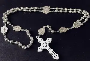 Silver Rose Beads Catholic Rosary Case Cross Gift Box Crucifix Cross