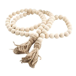 Fabrication Artisanale : Guirlande de Perles en Bois Couleur Naturelle avec Corde de Chanvre et Pompons, Ornements de Décoration Intérieure, Pendentifs pour Vases - Product Image 4