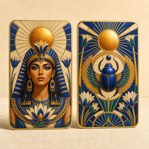 Sciarabe Alato della Regina dell'Antico Egitto, Carta da Collezione in Metallo a Doppia Faccia, Cornice Dorata, Lapislazzuli Blu, Loto e Sole, Decorazione Regalo - Product Image 1