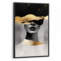Tableau abstrait doré Moody Fragment avec femme, encadré en métal noir mat, idéal pour les projets de rénovation de boutiques et maisons d'hôtes