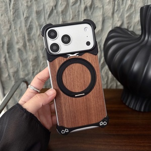 Advanced Walnut Wood Back Panel Magnetic Case for iPhone 18 17 15 16 Pro Max With 360° <b>Ring</b> Stand Aluminum Alloy Frameless Cover - Product Image 1