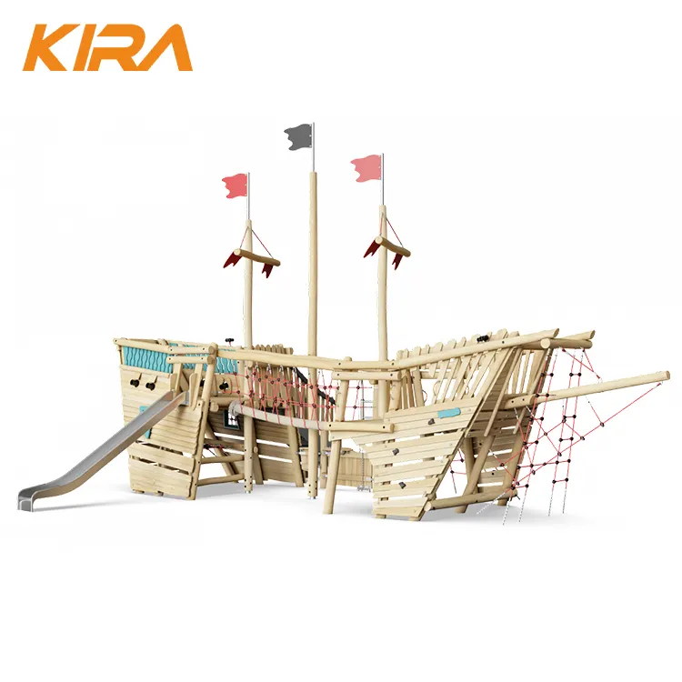 Развлекательная деревянная игровая площадка с пиратским кораблем для детей