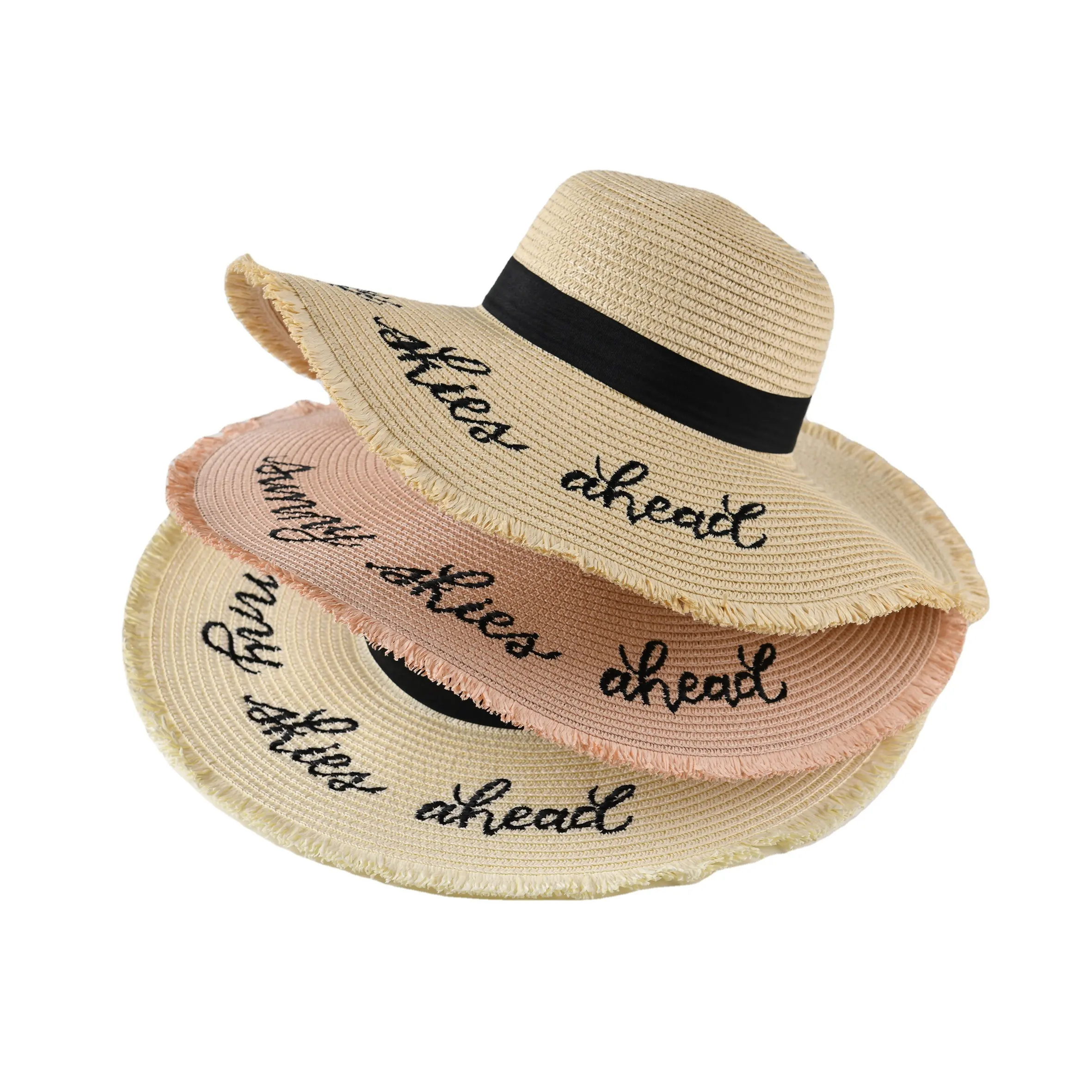 Traveling falbala straw hat embroidered rough wide brim Beach uv sunhats