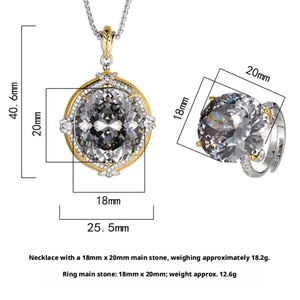 Parure élégante de bijoux fantaisie en cuivre écologique avec sertissage clos, zircon coloré bleu-vert 18 mm, collier et bague assortis - Product Image 6
