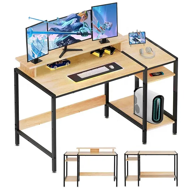 Grand bureau moderne pour ordinateur portable avec étagère pour support de moniteur Table de jeu en bois Espace de rangement-pour le bureau