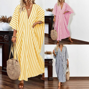 Robe chemise maxi décontractée à rayures pour femme, coupe ample, col en V, manches 3/4, grande taille - Product Image 2