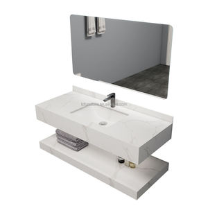 Meuble-lavabo mural moderne double couche en roche, avec vasques supérieure et inférieure pour salle de bain - Product Image 3