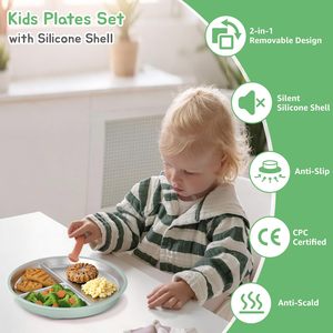 Assiettes à ventouse pour bébé en acier inoxydable avec couvercle en silicone amovible, bol en métal divisé pour enfants - Product Image 2