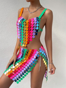 Hot Selling Night Club Colorful <strong>Sequin</strong> <strong>Mesh</strong> Two Piece Sets Tank <strong>Top</strong> Slip Dress - Product Image 3