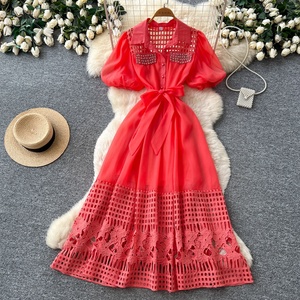 Vestido de Verano y Primavera, Nuevo Diseño de Moda, Manga Abullonada, Diamantes, Escote Redondo, Vestido Midi Informal - Product Image 2