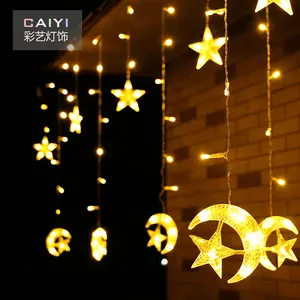 Cortina de <span class=keywords><strong>ventana</strong></span> romántica LED, cortina de luna y estrella, iluminación con 8 modos intermitentes, decoración para decoración navideña, 138 - Product Image 1
