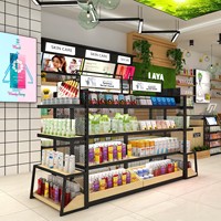 Nouvelle Gondole Cosmétique de Luxe Double Face Robuste avec Éclairage LED, Écologique, Cadre Métallique et Étagères en Bois Ajustables et Mobiles