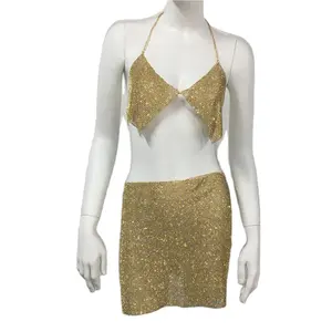 फैशन पार्टी नाइट क्लब पहनने धातु स्फटिक सेक्सी लगाम पोशाक लोकप्रिय बिना आस्तीन Backless वि गर्दन मिनी स्कर्ट