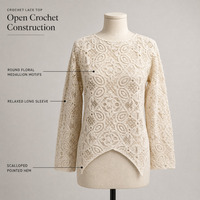 Chemisier en dentelle crochetée pour femme, personnalisé OEM, à manches longues, ajouré, tricoté, col rond, ourlet pointu, chemise décontractée, vente en gros