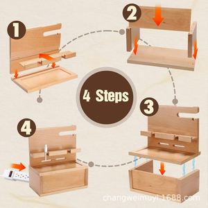 Caja de almacenamiento de escritorio de madera maciza con divisiones, organizador rectangular para suministros de oficina y control remoto - Product Image 1