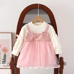 Vestito da principessa in tulle di nuovo design per bambine primavera autunno manica lunga o collo piccolo abito profumato da bambina