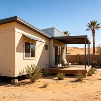 Maison mobile préfabriquée moderne avec terrasse pare-soleil, alimentation solaire, étanche, pour vie autonome en milieu désertique, cabane de villégiature, chambre et salon