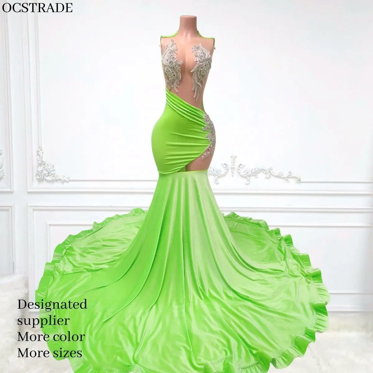 Ocstrade 반짝이는 모조 다이아몬드 우아한 무도회 드레스 섹시한 메쉬 코르셋 스팽글 긴 트럼펫 볼 가운 녹색 이브닝 드레스