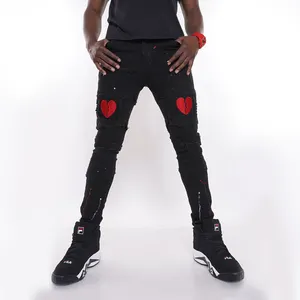 Vertical novo design de moda masculino, jeans slim para homens com estampa vermelha, ponta de jeans personalizada, reta e solta