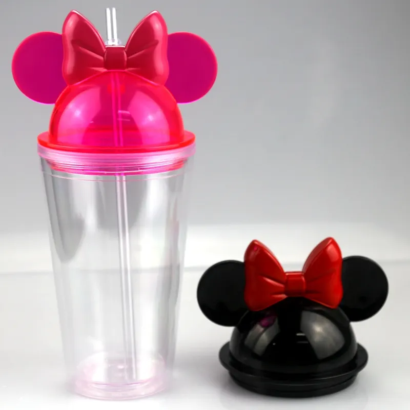 HOT SELLING 12/16OZ high quality cute plastic double wall cup lid bow ties on its top Minnie's cup