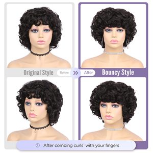 Perruque courte bouclée pour femmes noires, sans dentelle, grande perruque bouclée avec frange, coupe <span class=keywords><strong>pixie</strong></span>, couleur noir naturel - Product Image 4