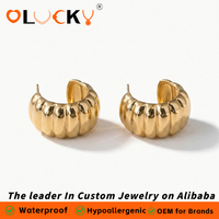 LUCKYJIU Fabricant de bijoux sur mesure, boucles d'oreilles créoles épaisses rayées en acier inoxydable plaqué or 18 carats, étanches, pour femmes, usage quotidien